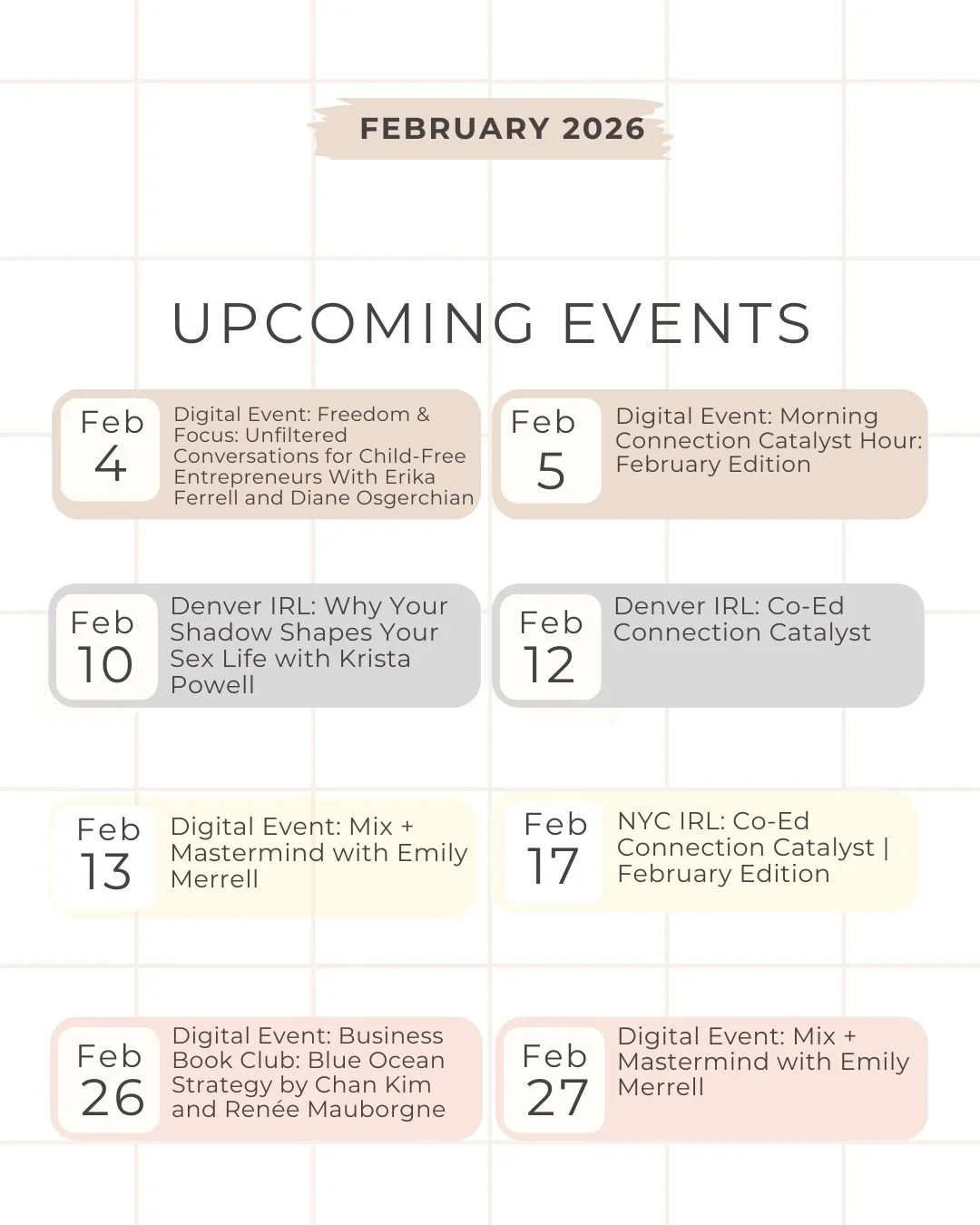 Our February lineup of events is not to be missed!

Remember, your first event is free! Use code FirstTimer at checkout.
