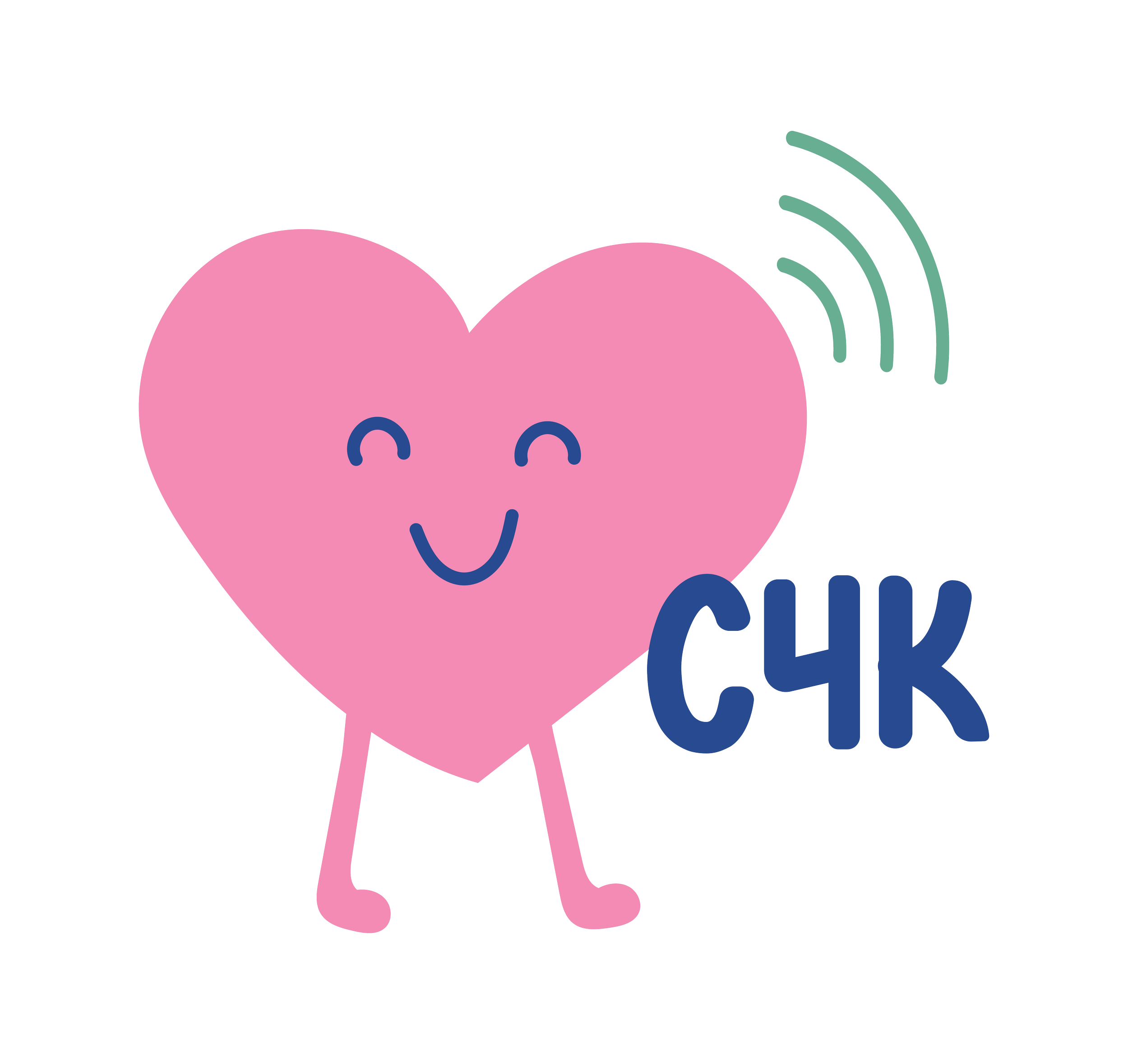 Cute pink heart character with a smiling face, little legs, waving hand, and the text 'C4K' next to it.