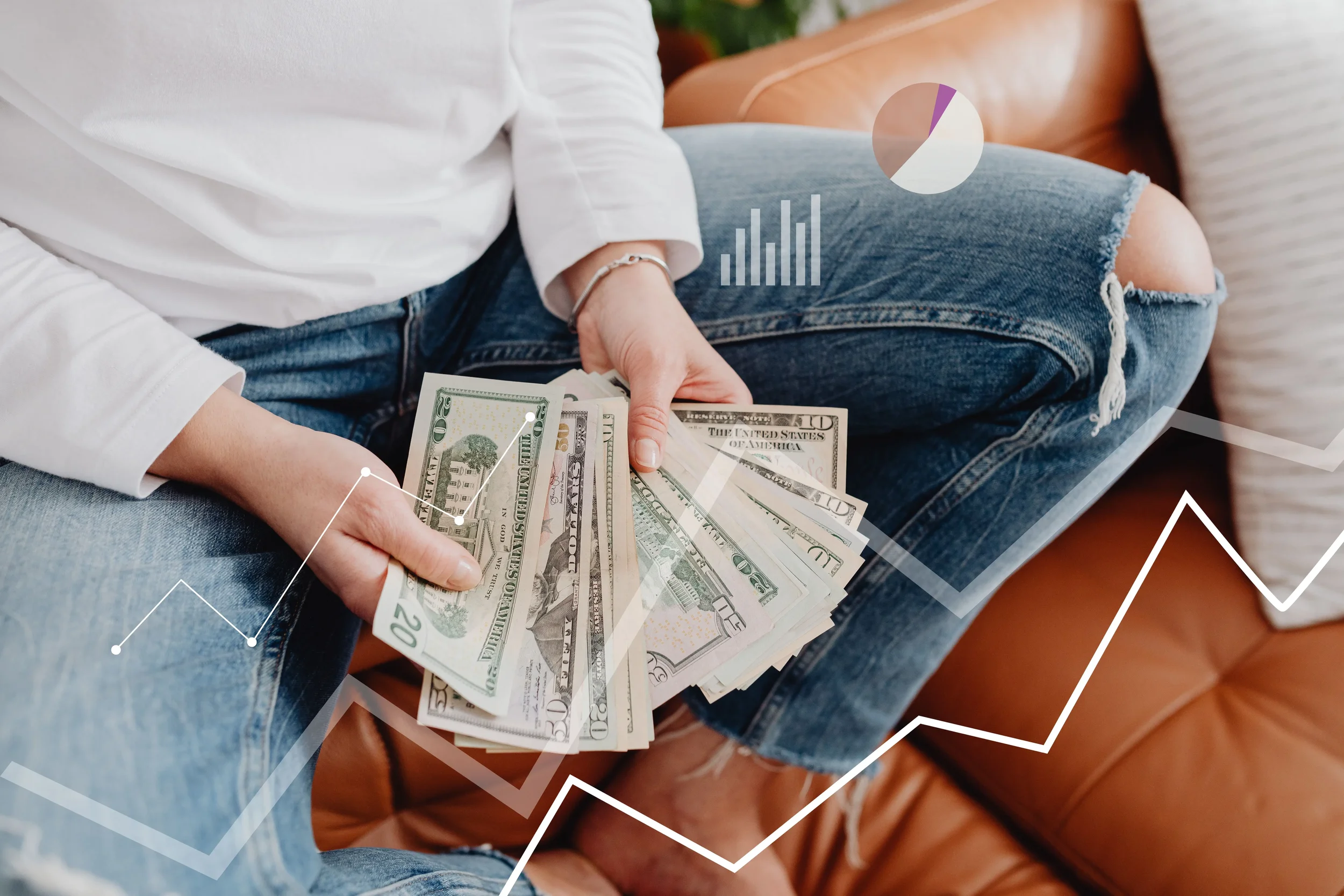 Cash held alongside growth charts, representing scalable passive income options for therapists beyond one-to-one client sessions.