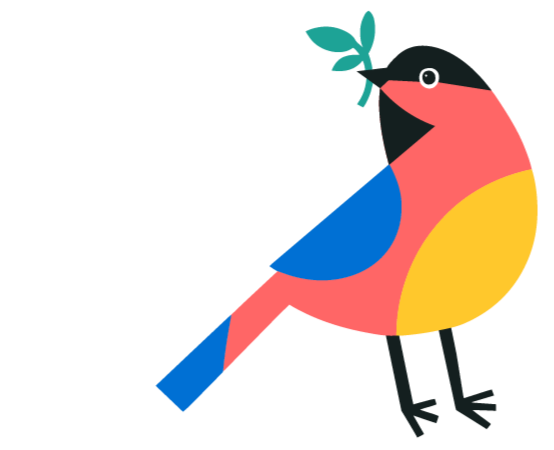 Illustration of a colorful bird, resembling a robin, with a teal crest, black face, and red, blue, and yellow body, perched on a branch.