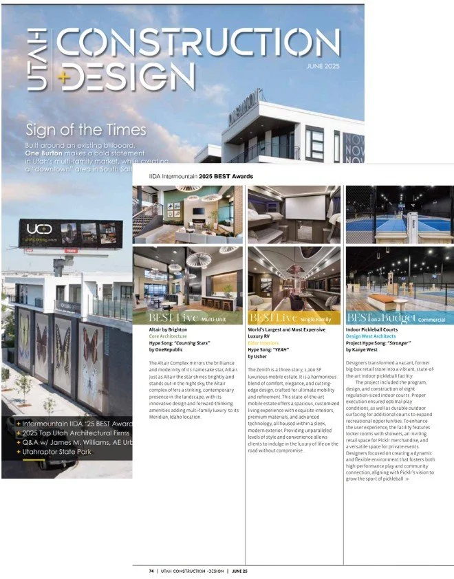 June 2025 issue of Utah Construction + Design magazine featuring a billboard, interior images of luxury beds, a pick-up game at a tennis court, and a modern architectural building.