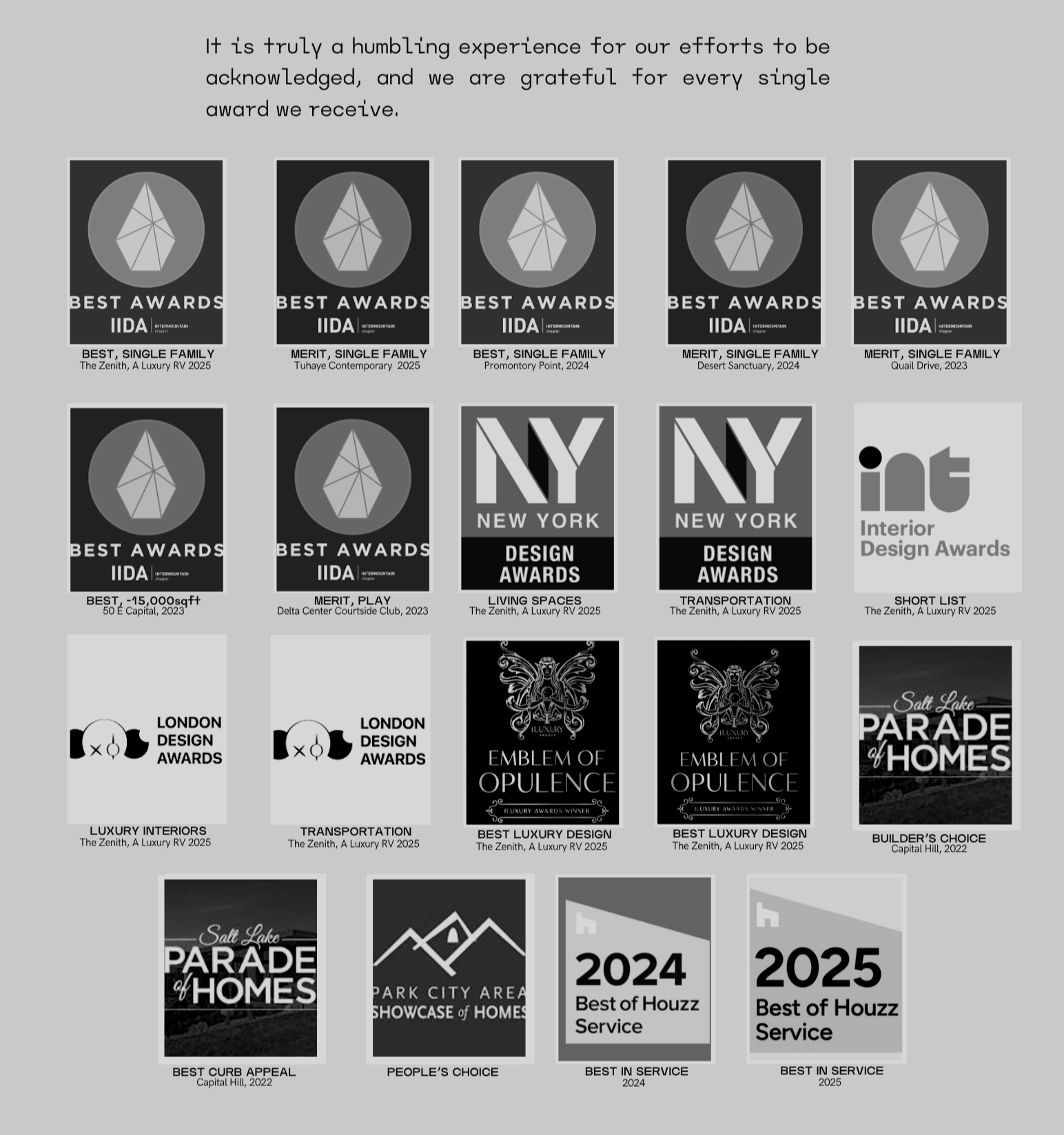 A collection of award logos and titles related to architecture, interior design, and luxury achievements, including various Best Awards, design awards, and accolades from different years and locations.