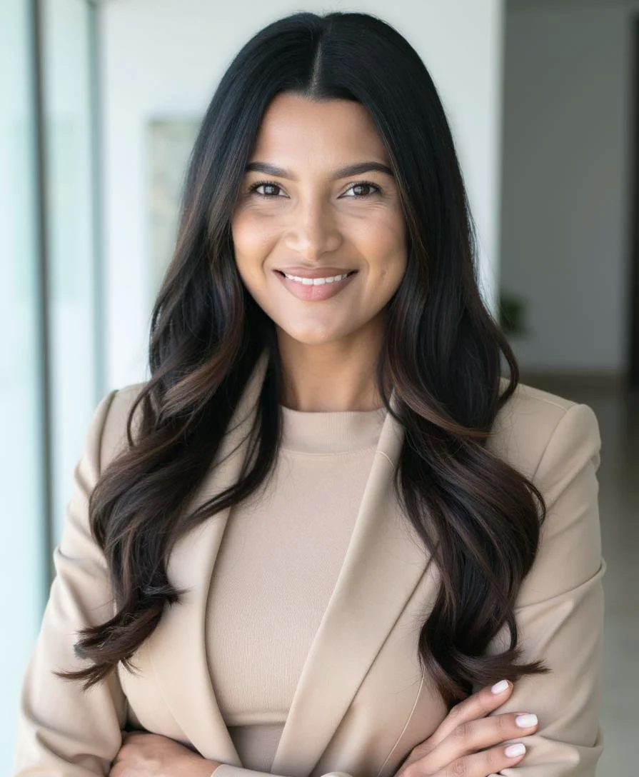 A woman with long dark hair and a tan blazer smiling at the camera indoors.
