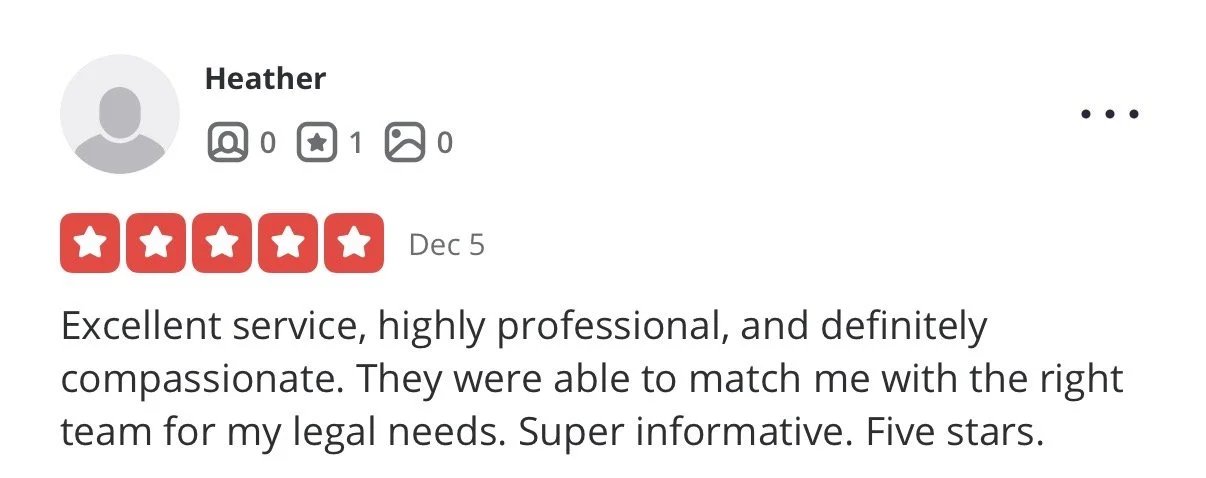 Customer review with five stars from Heather praising highly professional, compassionate legal service.