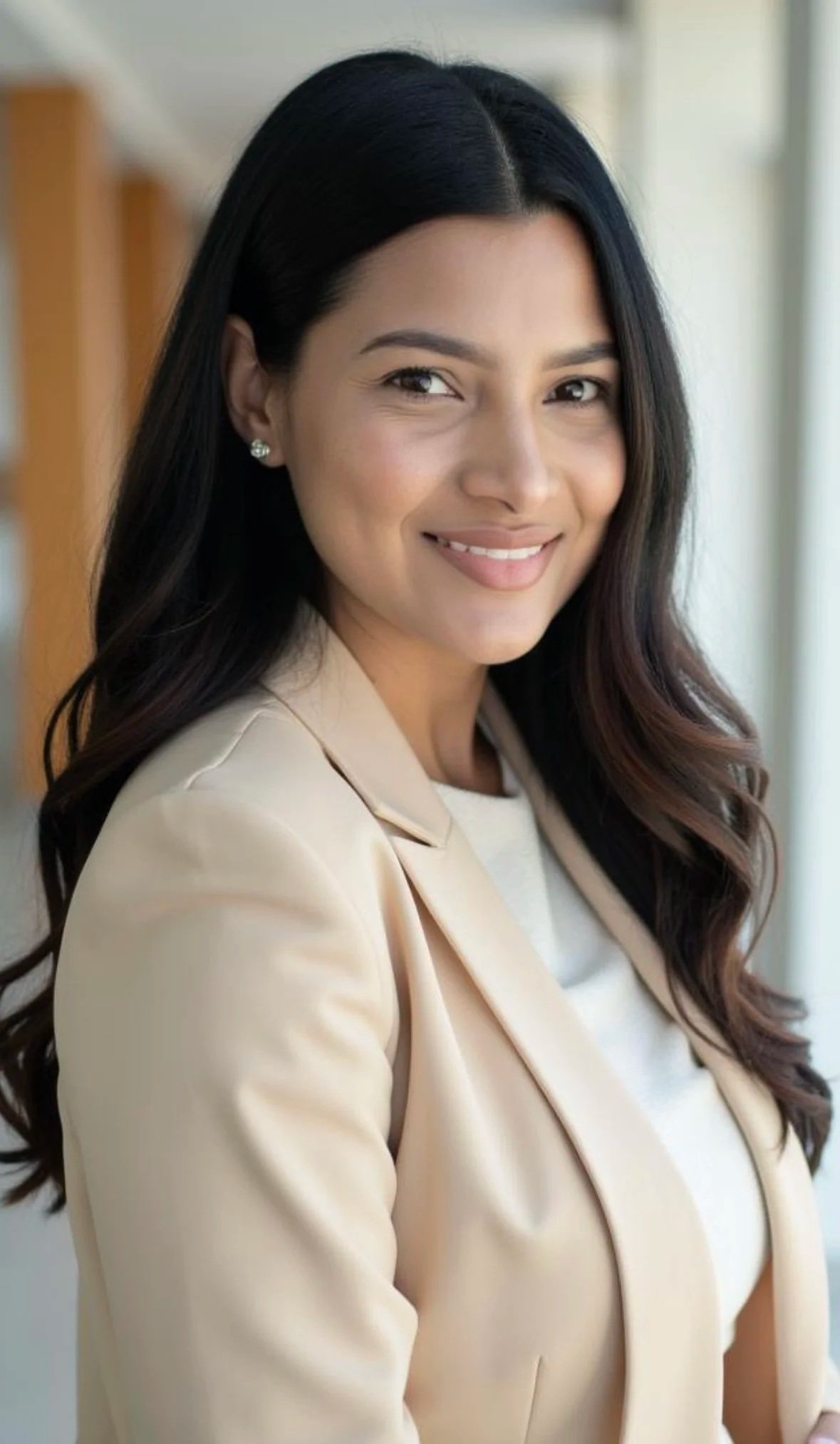 Portrait of a woman with long dark hair, wearing a beige blazer and earrings, smiling and looking at the camera inside a building.