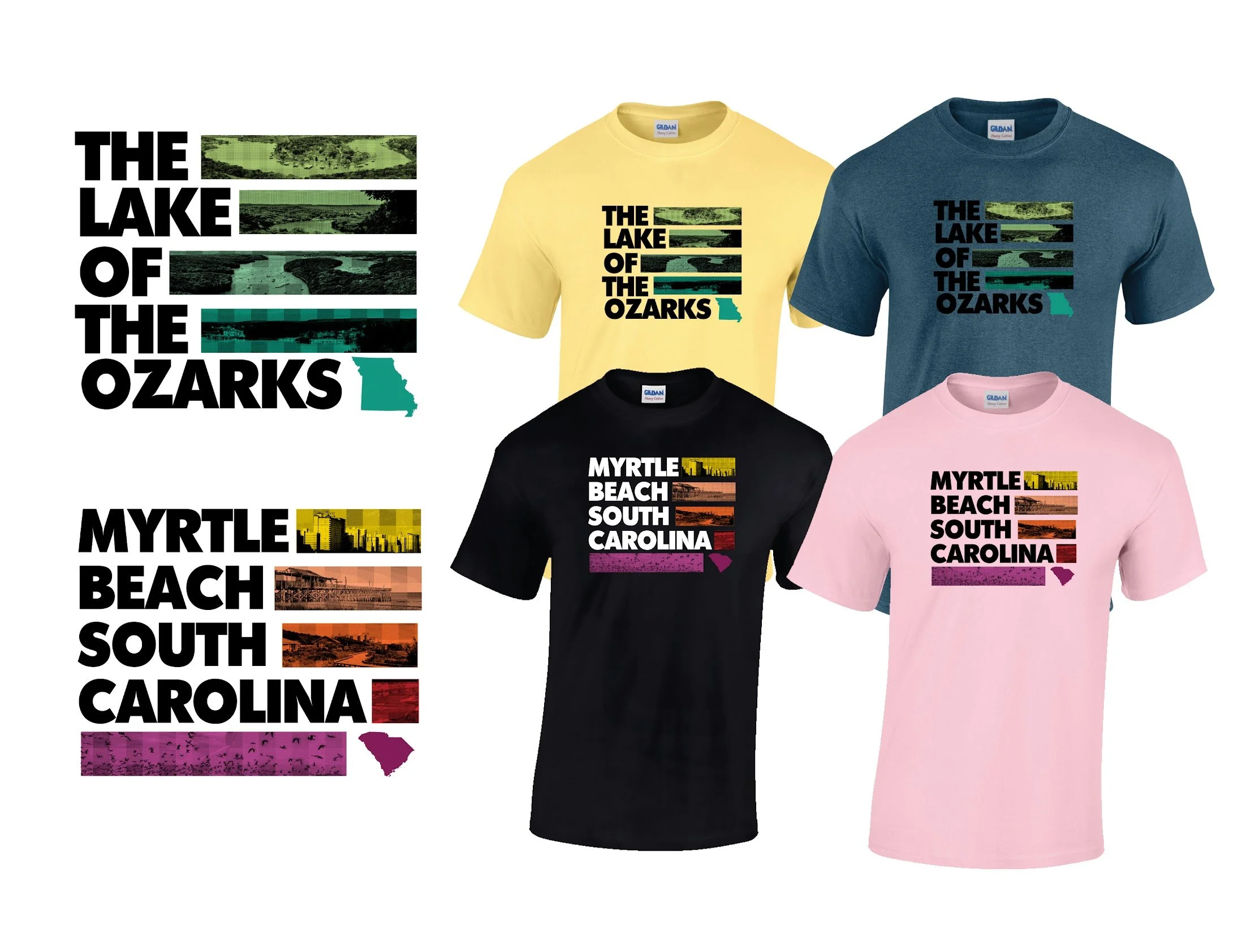 Square designs are shown on four different sample t-shirts. Light yellow, Denim, Black, and Light Pink.