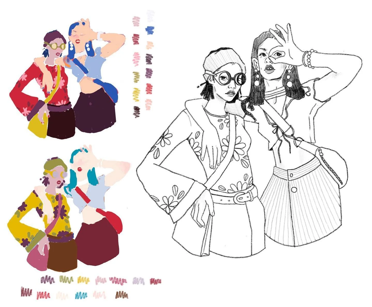 Cute little gals. What color palette do you like better? Top or bottom? 

#illustration #doodle #doodleart #sketchbook #artistssupportartists #cuteart #skethcbooktour #funart #drawsomething 
#drawsomething #quicksketch #dailysketches #sketchdaily #ex