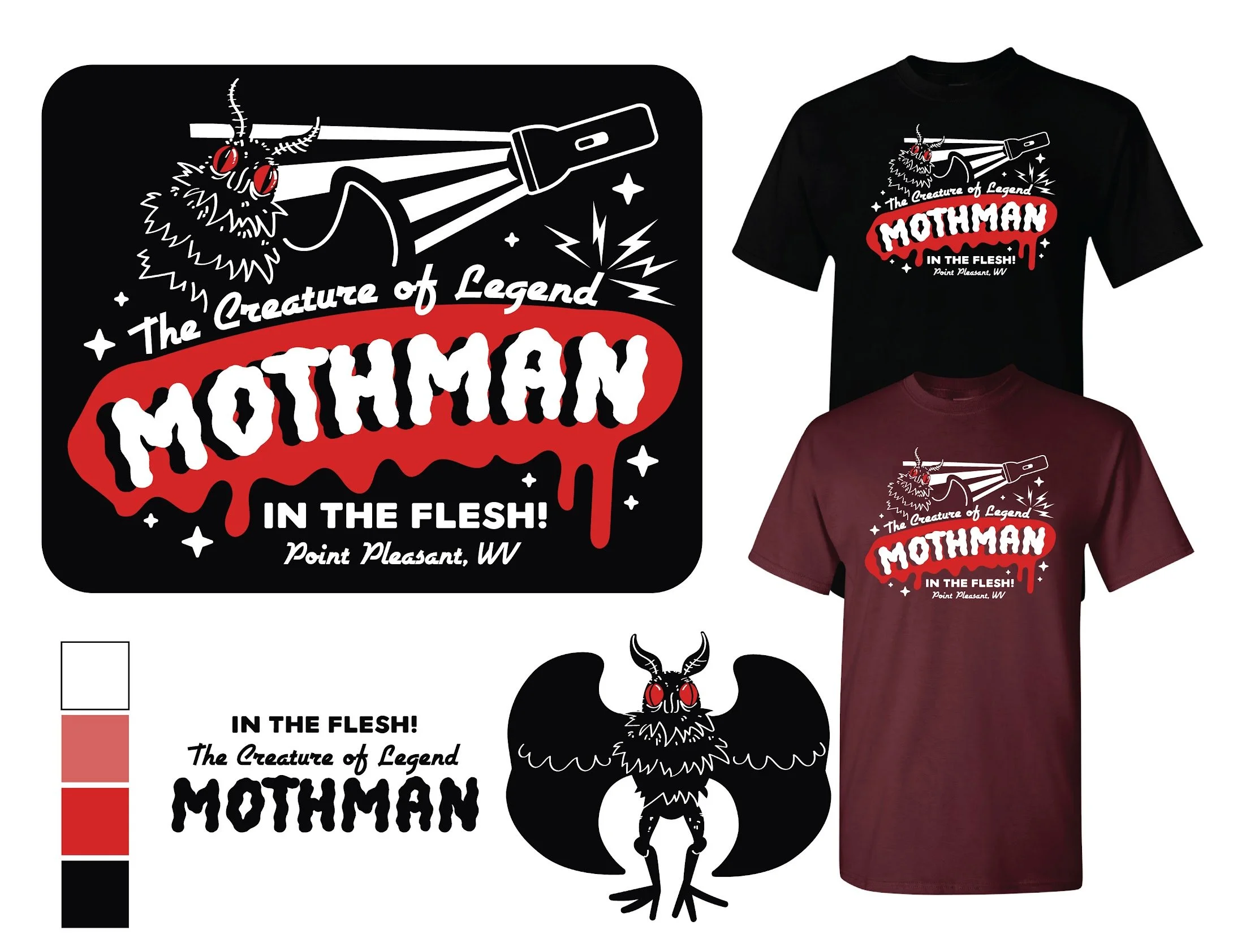 Mothman in style of old horror movie posters is shown on two sample t-shirts. One is black and the other is maroon.