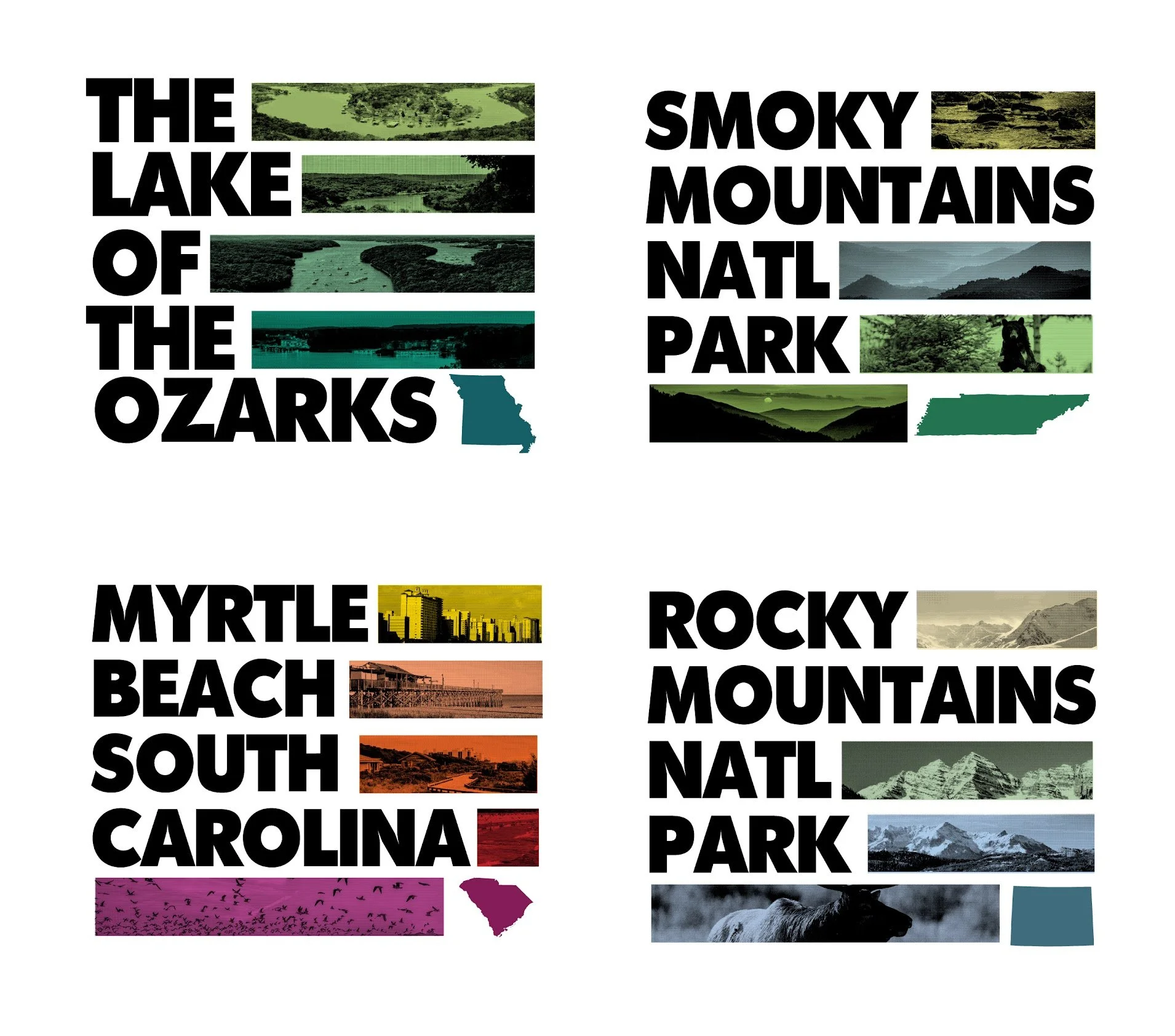 Designs are squares separated into five rows. Each row contains a word of bold black text indicating a place. The remainder of space that the text does not complete is filled by a rectangle containing an image of the place indicated by the text. An i
