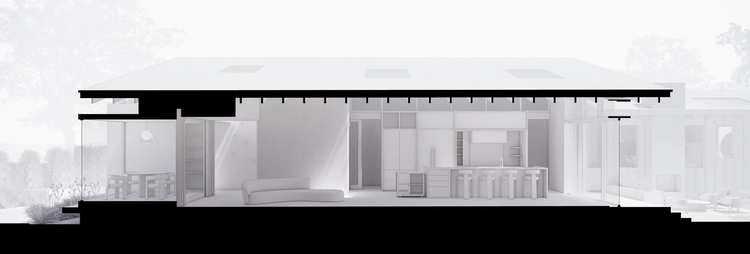 Cross-section of the Menlo Park home showing interior spaces, furniture, and layout towards the kitchen.