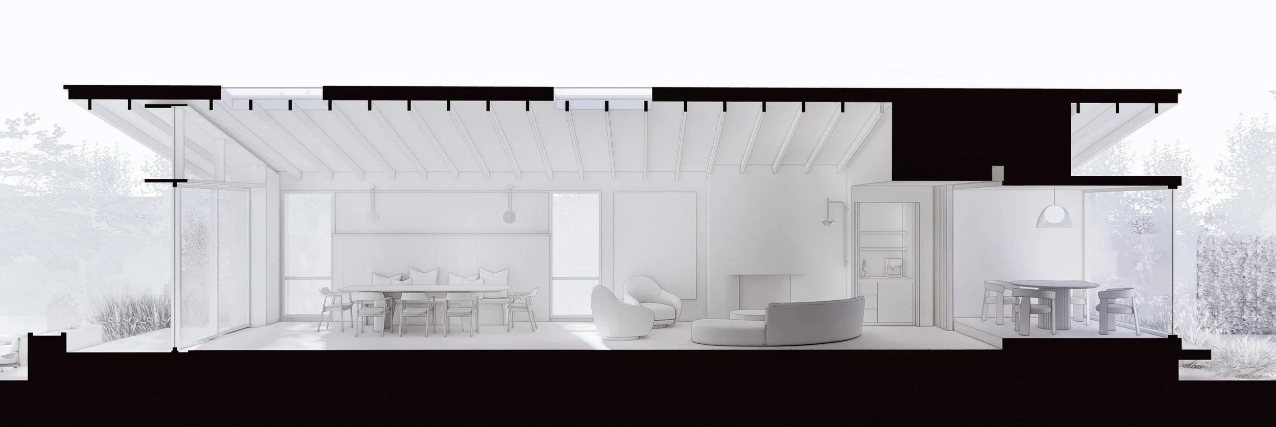Cross-section of the Menlo Park home showing interior spaces, furniture, and layout towards the dining space.