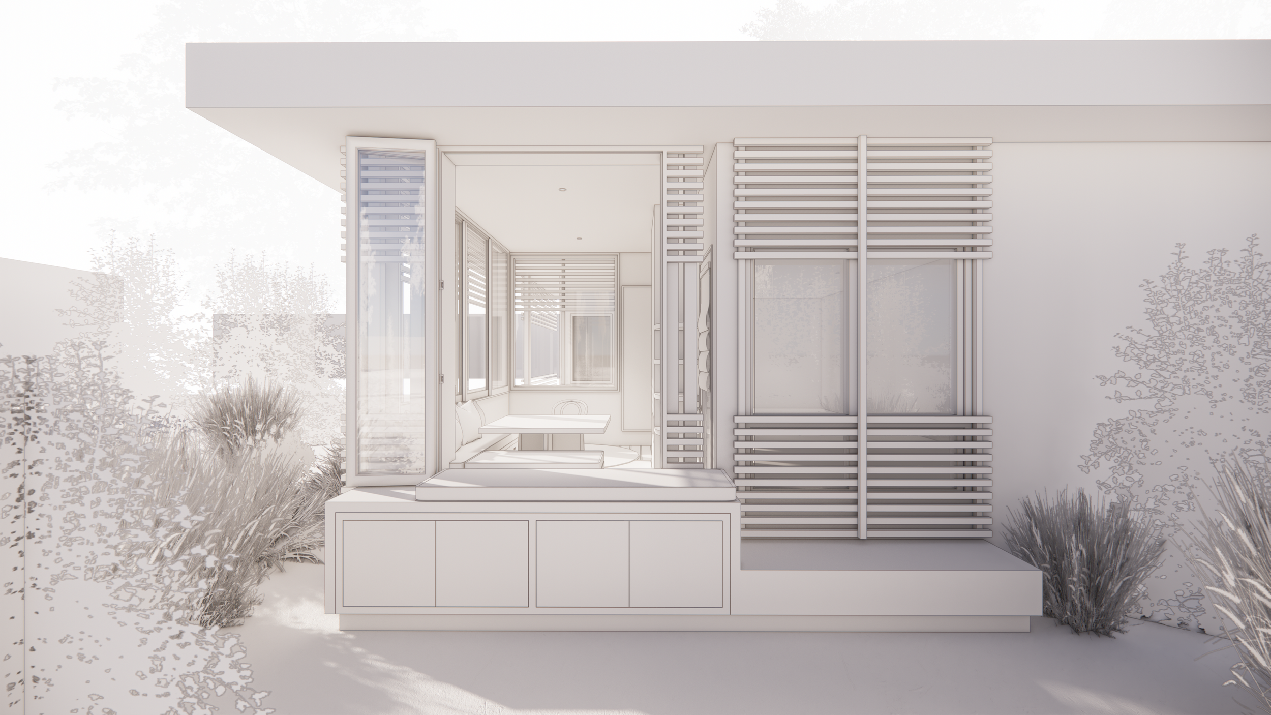 Architectural rendering of Hillside House's sun room with built-in seating, large windows, and decorative wooden slats on the wall, surrounded by plants.