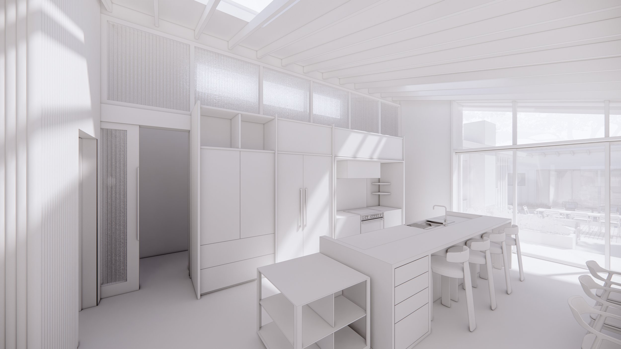 Bright, modern kitchen and dining area shown rendered without materials. Large abundant windows let in natural light to this kitchen space with ample storage.