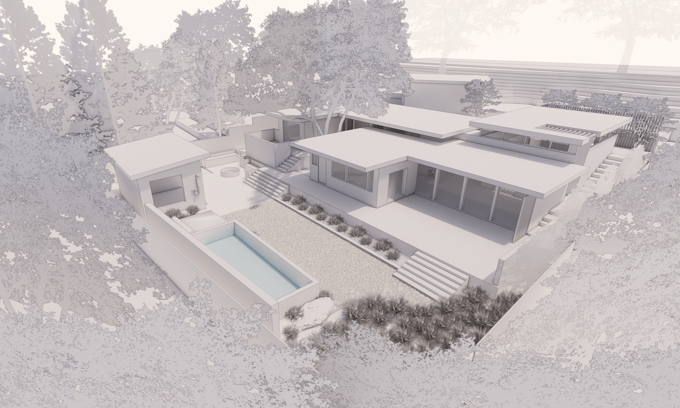 Architectural 3D rendering of a the Hillside Heritage house with flat roofs, large windows, and a backyard with a pool, trees, and landscaped pathways.