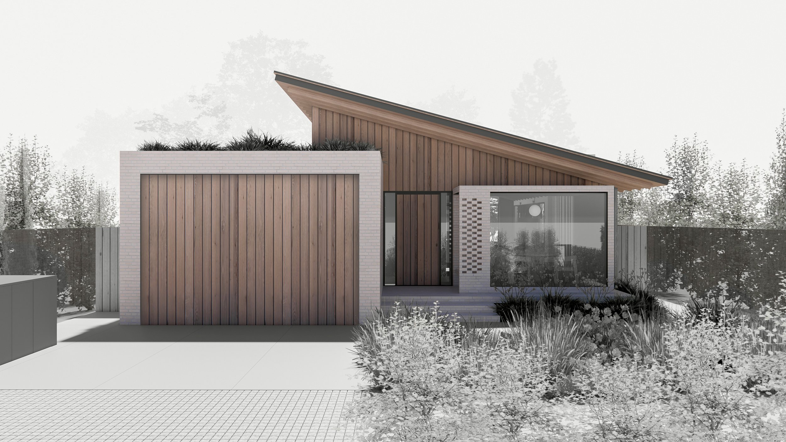 Modern Menlo Park residential renovation exterior with a clerestories, large glass windows, and wooden siding, surrounded by native plants.