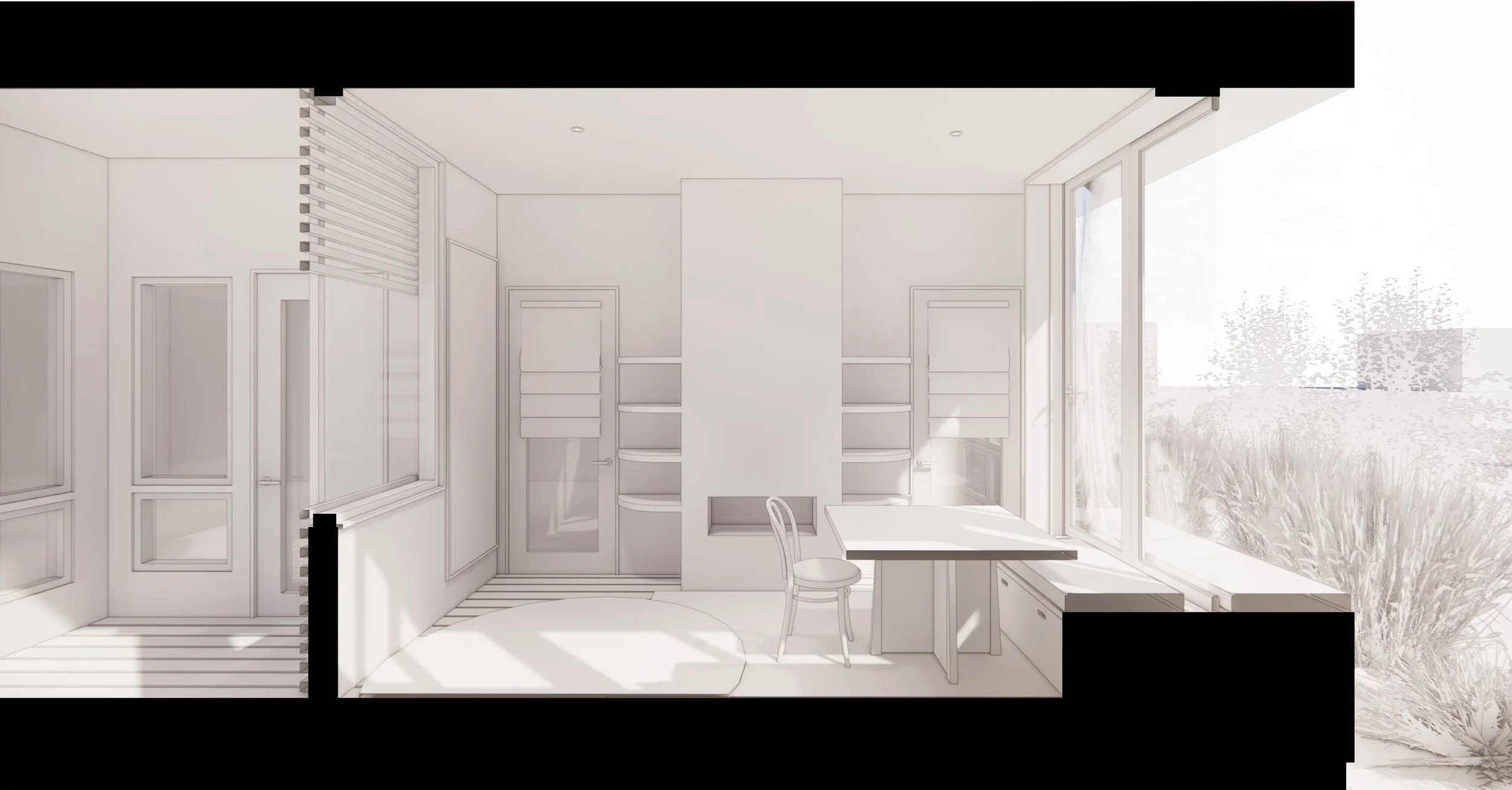 Rendering of Hillside House's fireplace area with built in banquet.