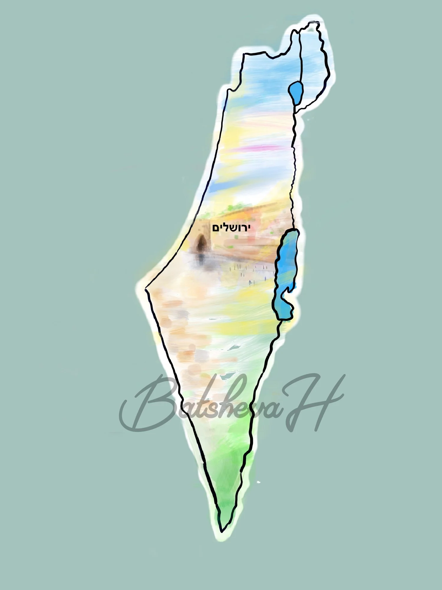 An illustrated map of Israel with watercolor background, featuring the city of Jerusalem in the center and two bodies of water, one in the north and one in the east. The map has a soft gray background and the word 'ירושלים' (Jerusalem) in Hebrew.