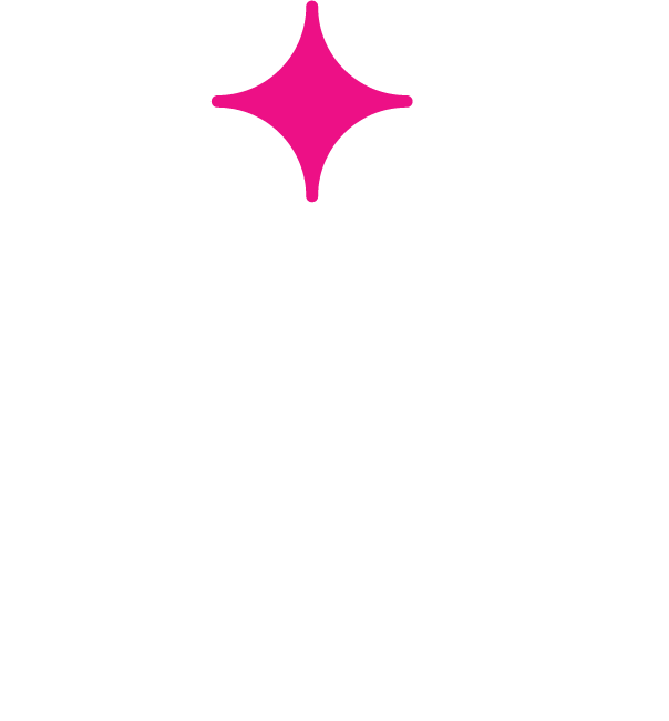 Minimal white 0g-SPOT symbol on a transparent background with a small pink star above the curved logo mark.