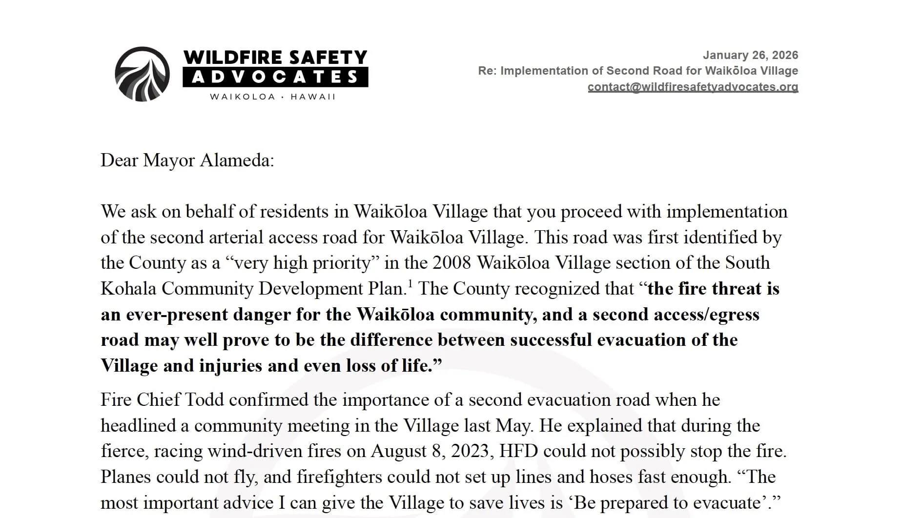 We Have Formally Asked the Mayor to Act on Waikōloa Village’s Second Road