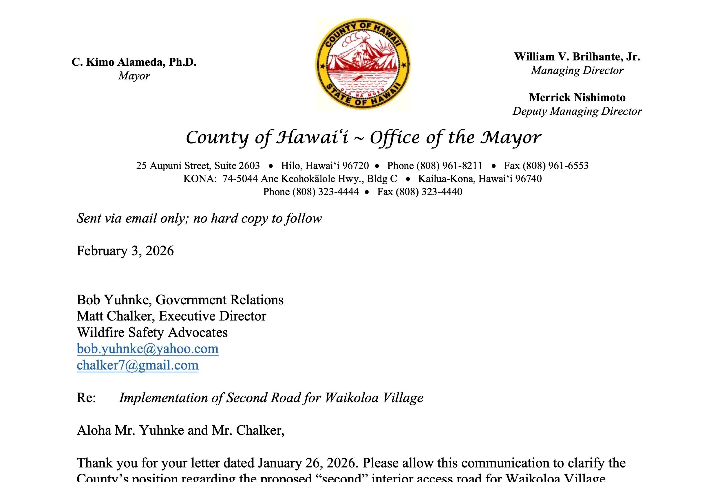 Waikōloa Village Second Road Status Update Following Mayor’s Response