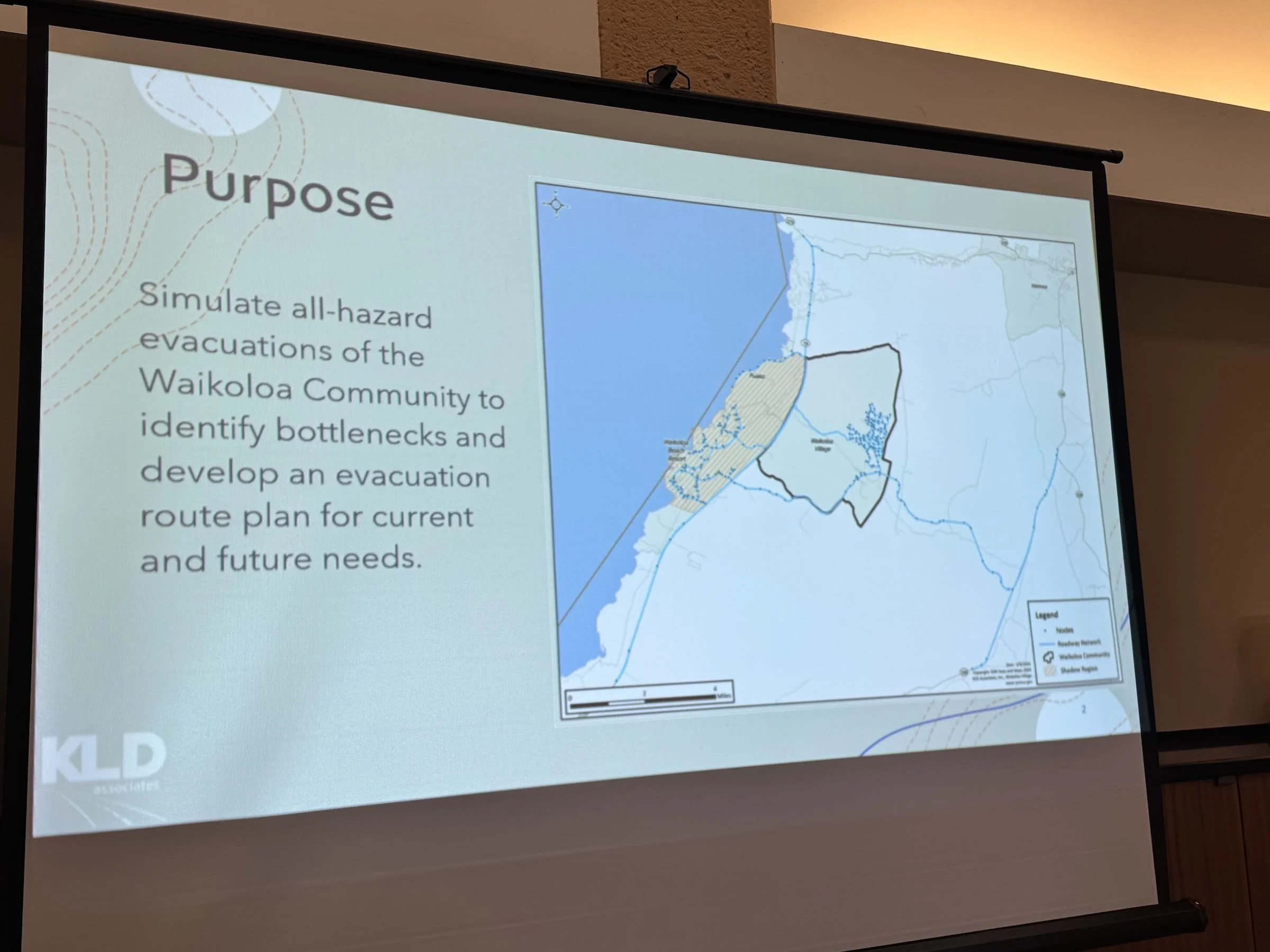 Purpose slide from the Waikōloa Village wildfire evacuation traffic study presentation.