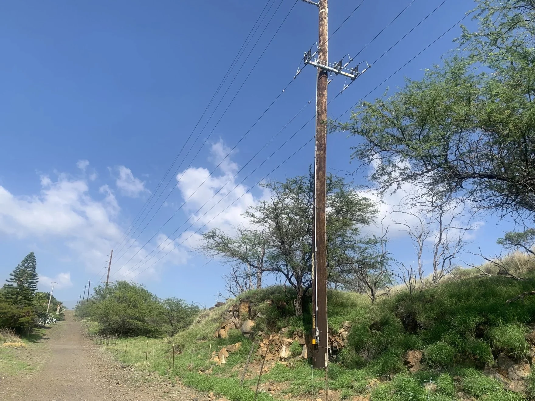 A dirt path running alongside a hillside with green grass and rocks, lined with utility poles and wires, under a blue sky with scattered clouds.