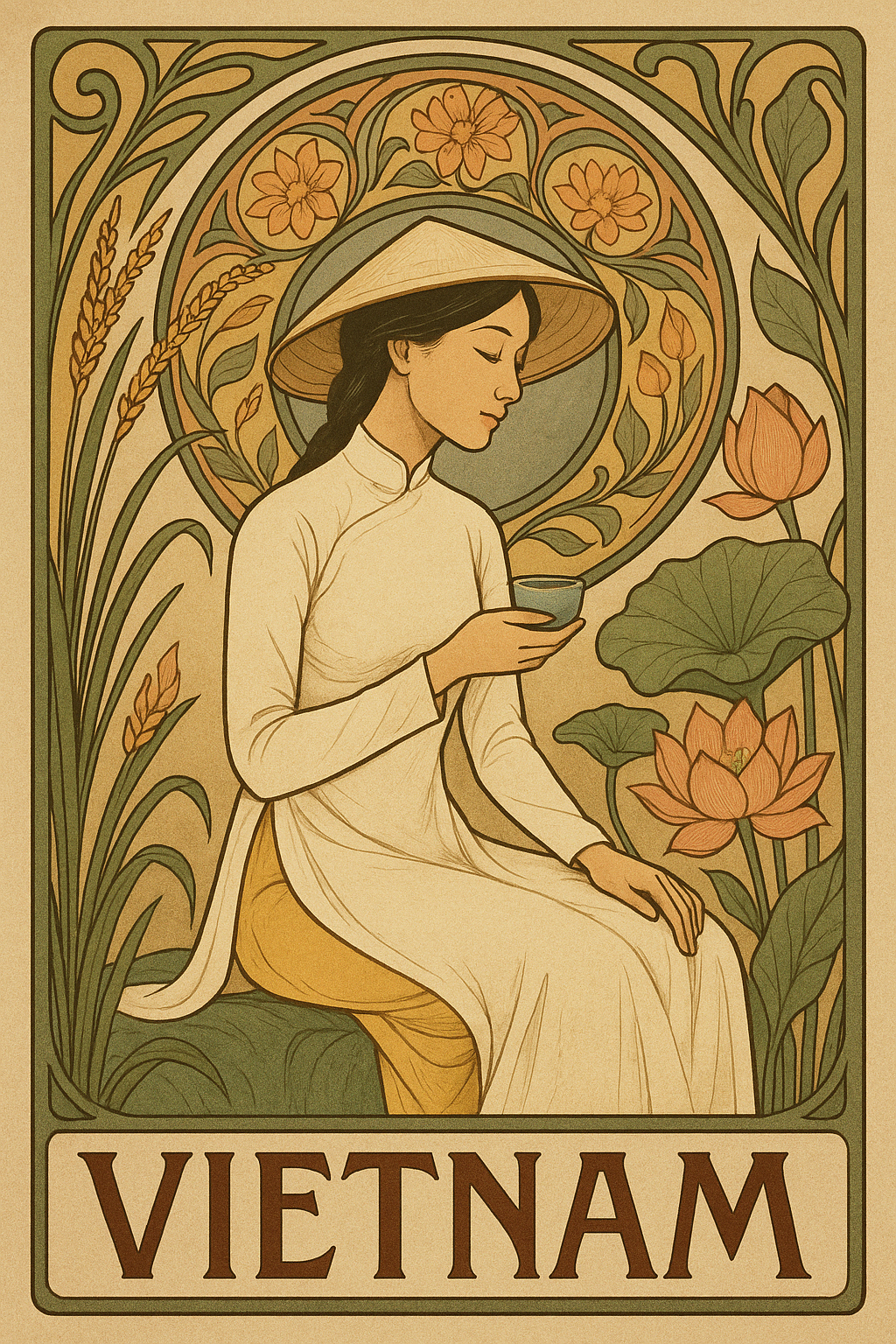 An illustration of a Vietnamese woman wearing traditional attire, sitting among lotus flowers and holding a small cup, with a decorative floral background. The word 'VIETNAM' is written at the bottom.