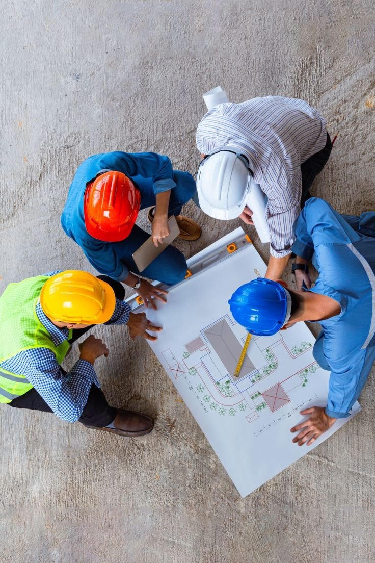 Cuatro personas con cascos de seguridad y ropa de trabajo revisando un plano arquitectónico en un sitio de construcción.