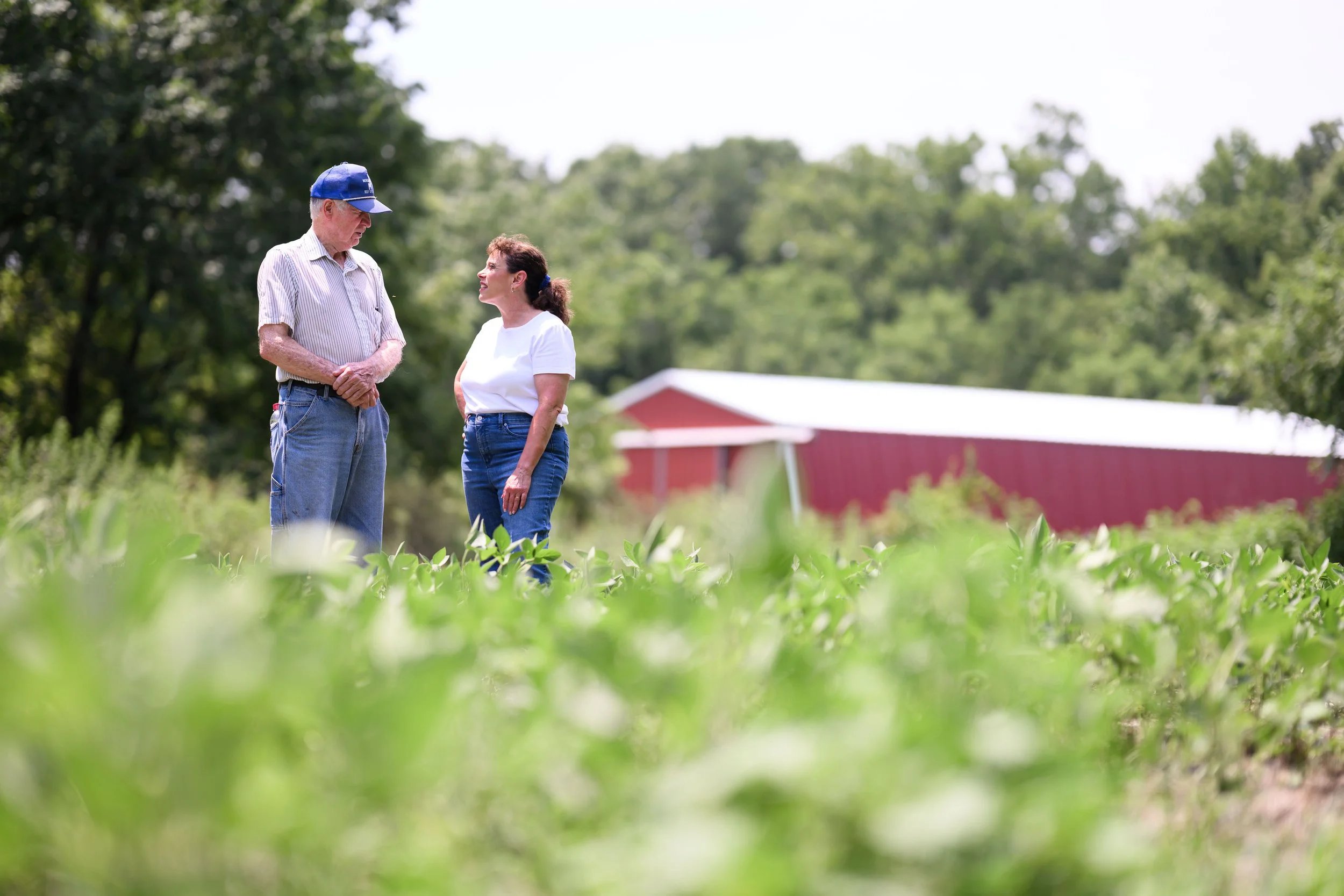 Amy Huffman Oliver speaks with a farmer in a field of soybeans.