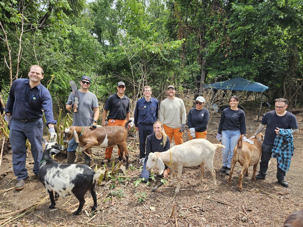 Group of nine people standing and kneeling outdoors in a wooded area, with goats present. The group is smiling and dressed in casual and work attire. Some are wearing gloves and caps. There are trees and a blue umbrella in the background.