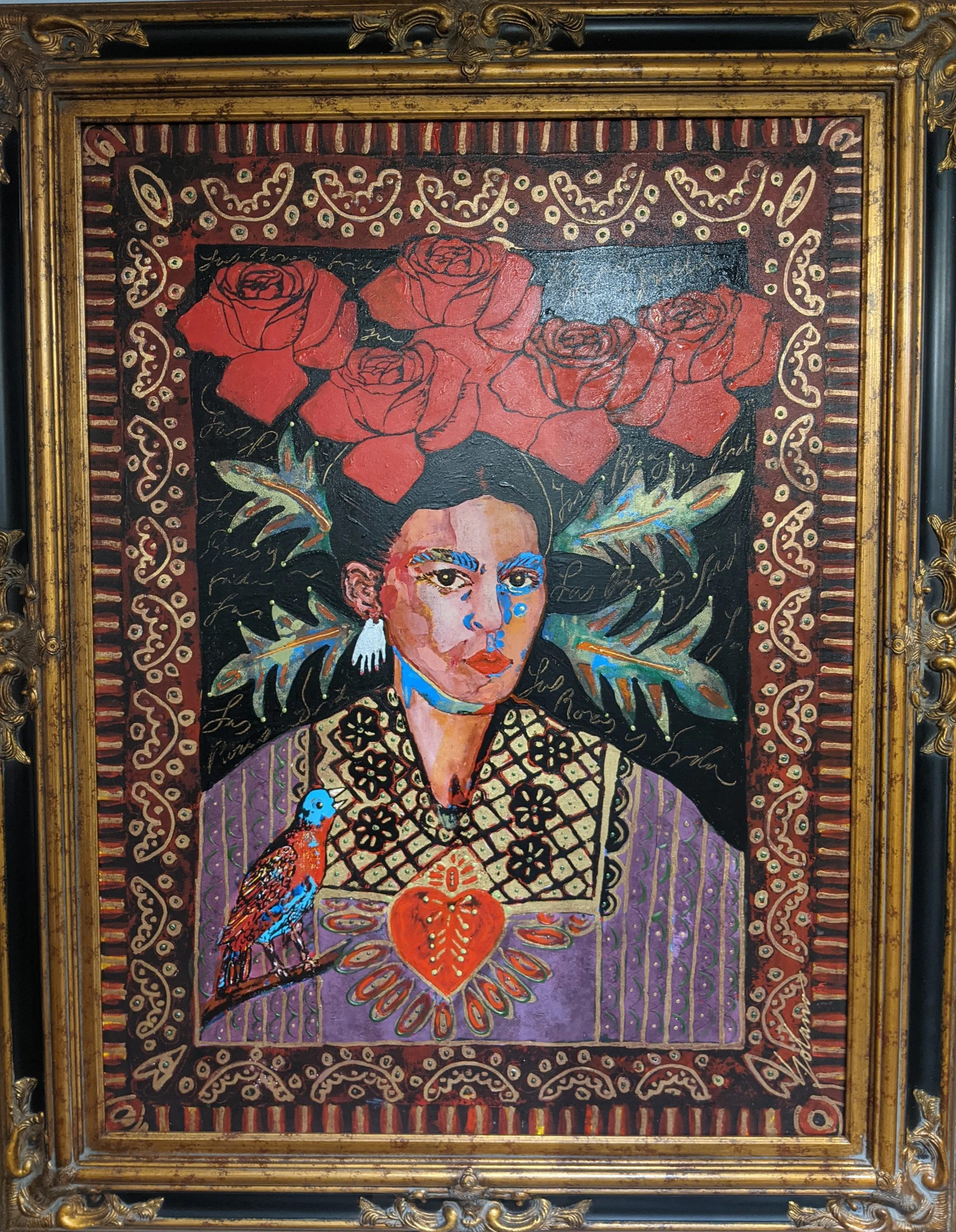 a picture of a bright bold painting, somewhat stylistic, a person with 5 roses above their head, a heart painted over their clothes, and a small bird in front of them.