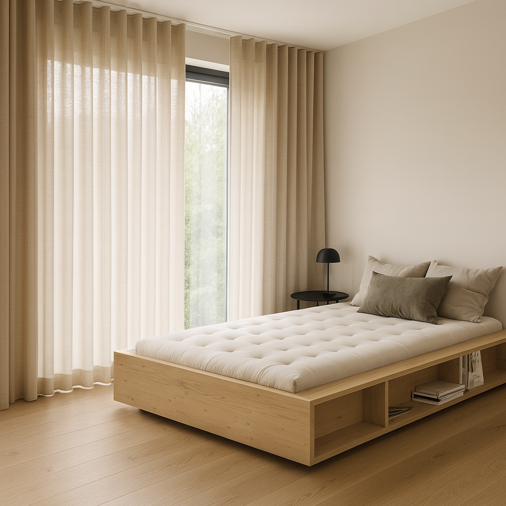 Minimalist bedroom with a wooden platform bed, white mattress, beige pillow, gray pillow, black bedside table, black lamp, beige curtains, and light wooden flooring.
