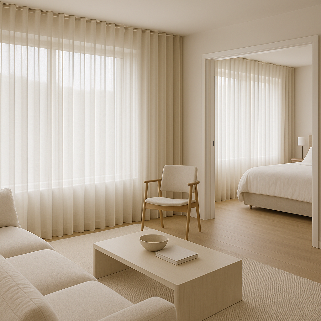 A minimalist, light-colored living room connected to a bedroom, with large windows covered by sheer curtains, a cream sofa, a wooden armchair, and a coffee table with a bowl and a book.