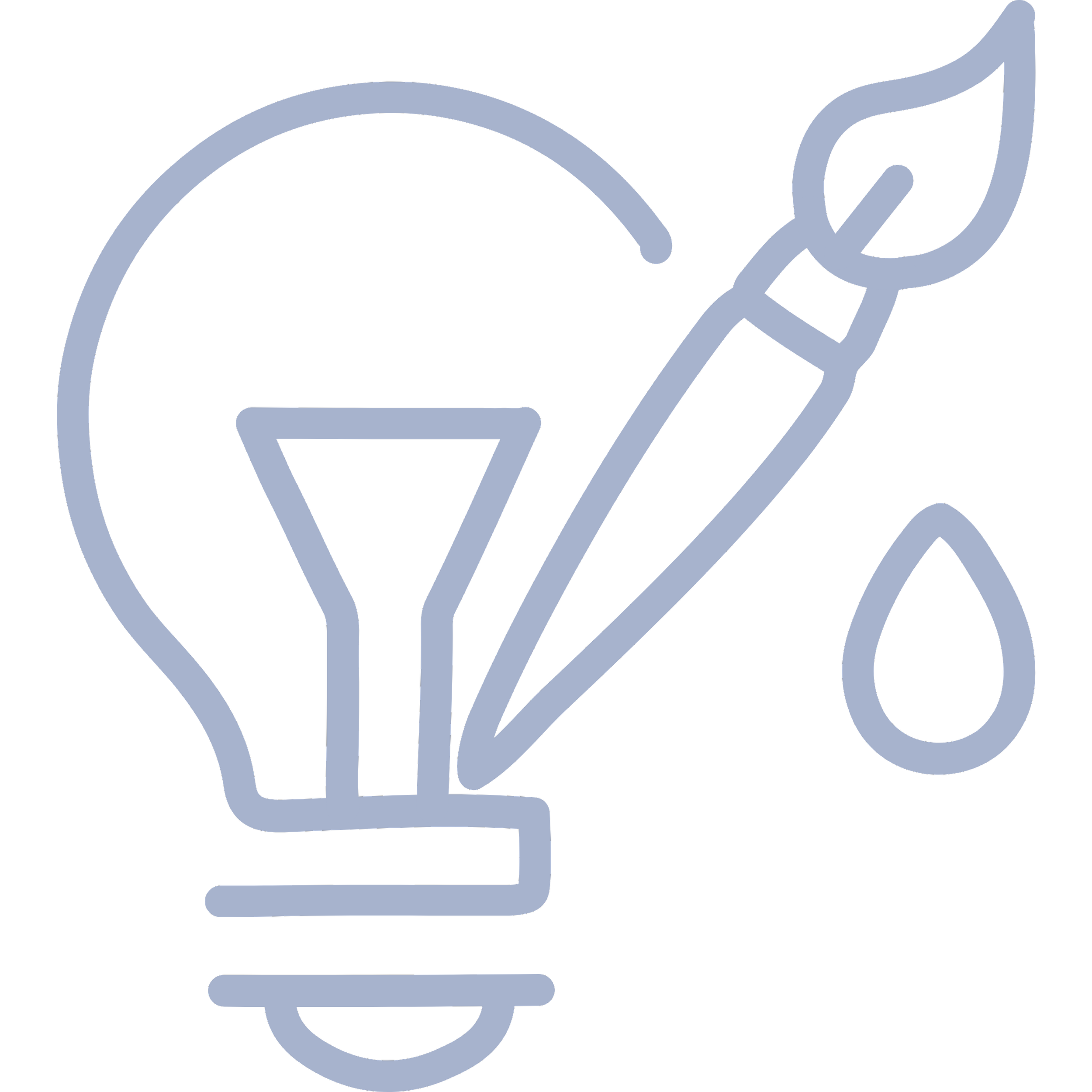 Icône d'une ampoule, d'un pinceau et d'une goutte d'huile, représentant la durabilité et l'artisanat écologique.