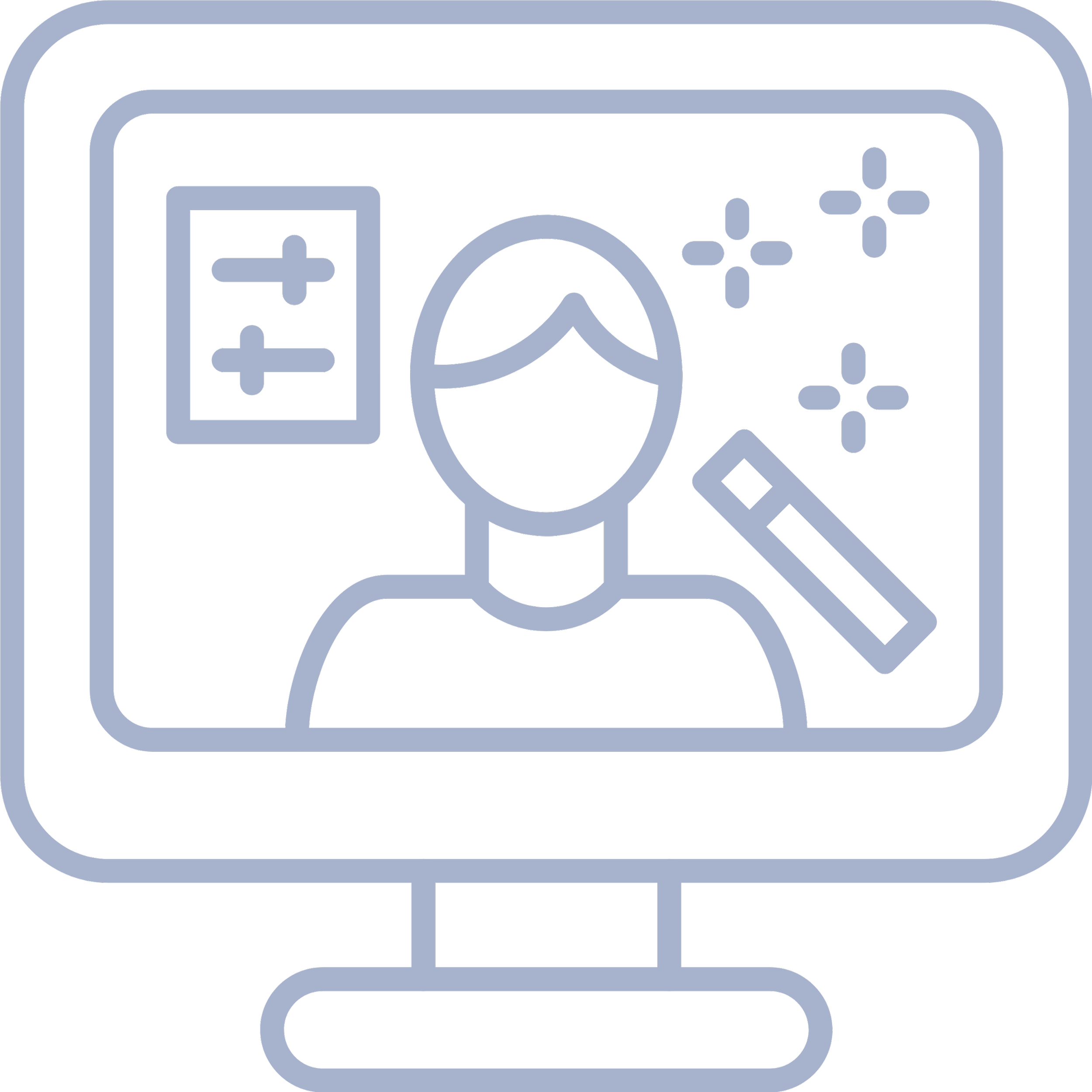 Une illustration de style ligne représentant une visioconférence ou une téléconsultation avec une personne, des outils médicaux ou de soins, et des éléments de réglage ou de contrôle.