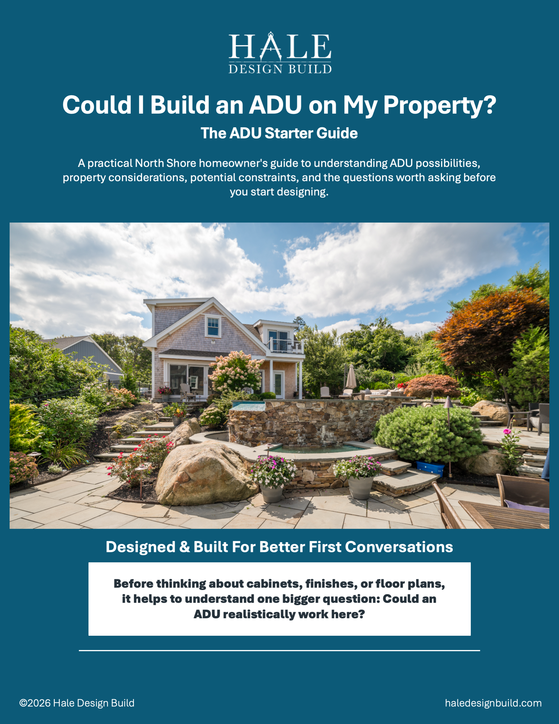 A brochure cover for Hale Design Build, featuring a backyard with a stone fire pit, outdoor furniture, a house with a porch, and lush landscaping, with text about building an ADU on your property.