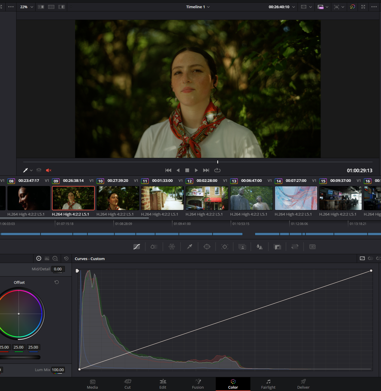 A young woman with dark hair wearing a white shirt and a colorful scarf around her neck, standing outdoors in a green, leafy environment.