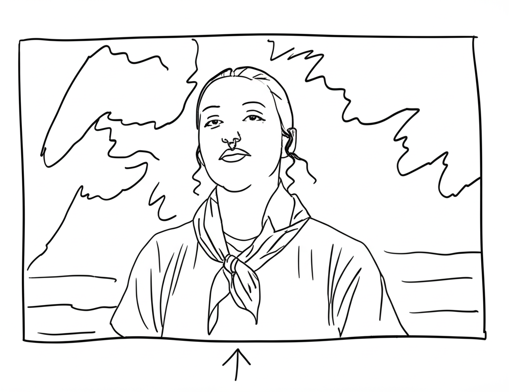 Line drawing of a woman outdoors with mountains, clouds, and water in the background, wearing a scarf around her neck.