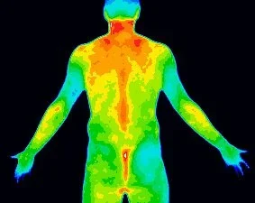 Thermal image of a human body showing temperature variations with color gradient from blue to red.
