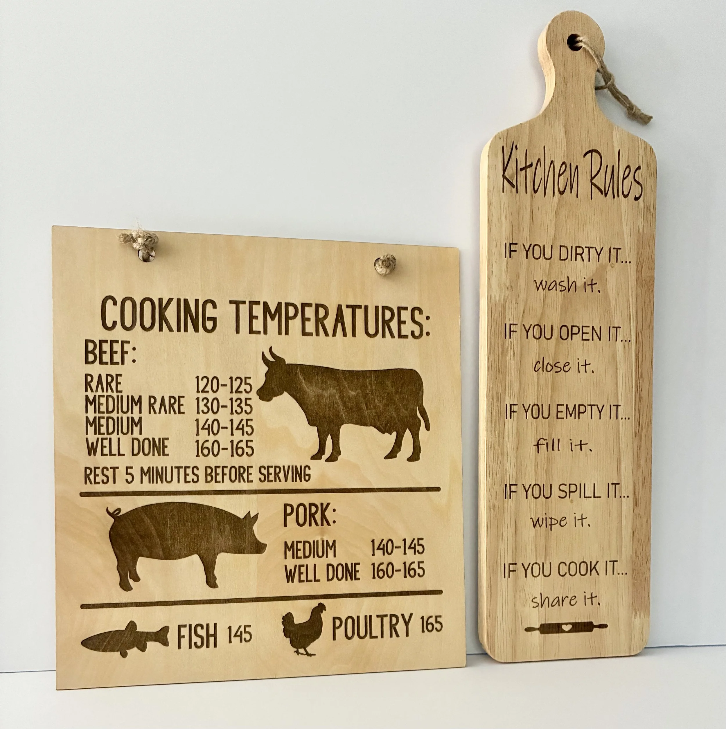 Wooden sign with kitchen rules and a board displaying cooking temperatures for beef, pork, fish, and poultry.