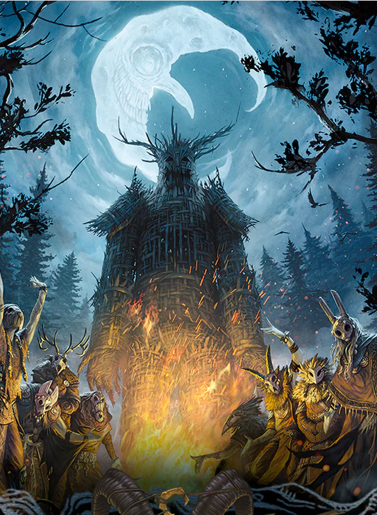 A wicker man crowned with antler-like horns and backed by a wickedly grinning crescent moon begins to burn from the legs up as revelers masked with animal skulls conduct some dark ritual