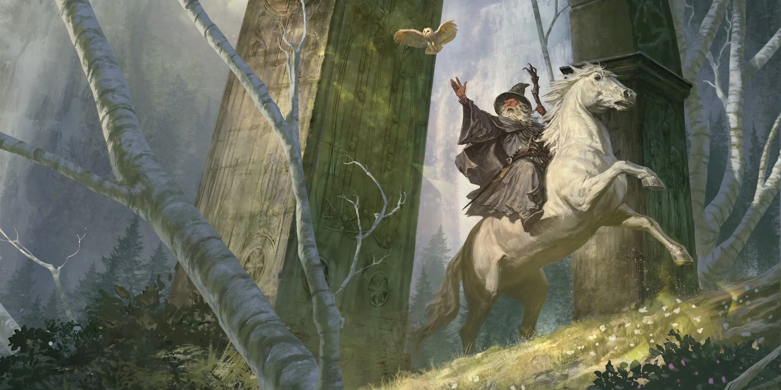 LOTR Roleplaying cover art by Antonio de Luca depicts Gandalf the Grey astride his white steed Shadowfax, reaching up toward a snowy owl as it flies away in a wooded environment