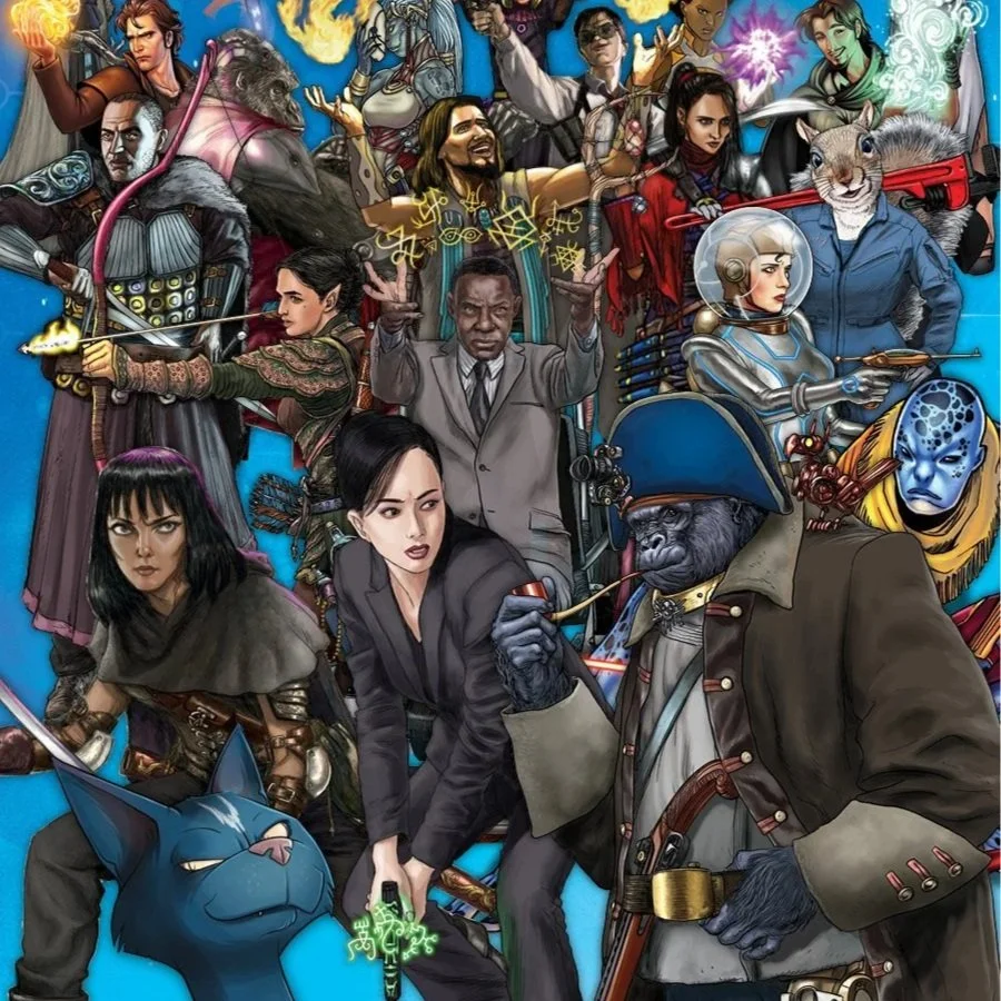 Fate Everything cover art by Kurt Komoda depicting a wide range of characters from all genres of speculative fiction: magic users, high tech supers, anthropomorphic beastfolk, retrofuturist space explorers, etc.