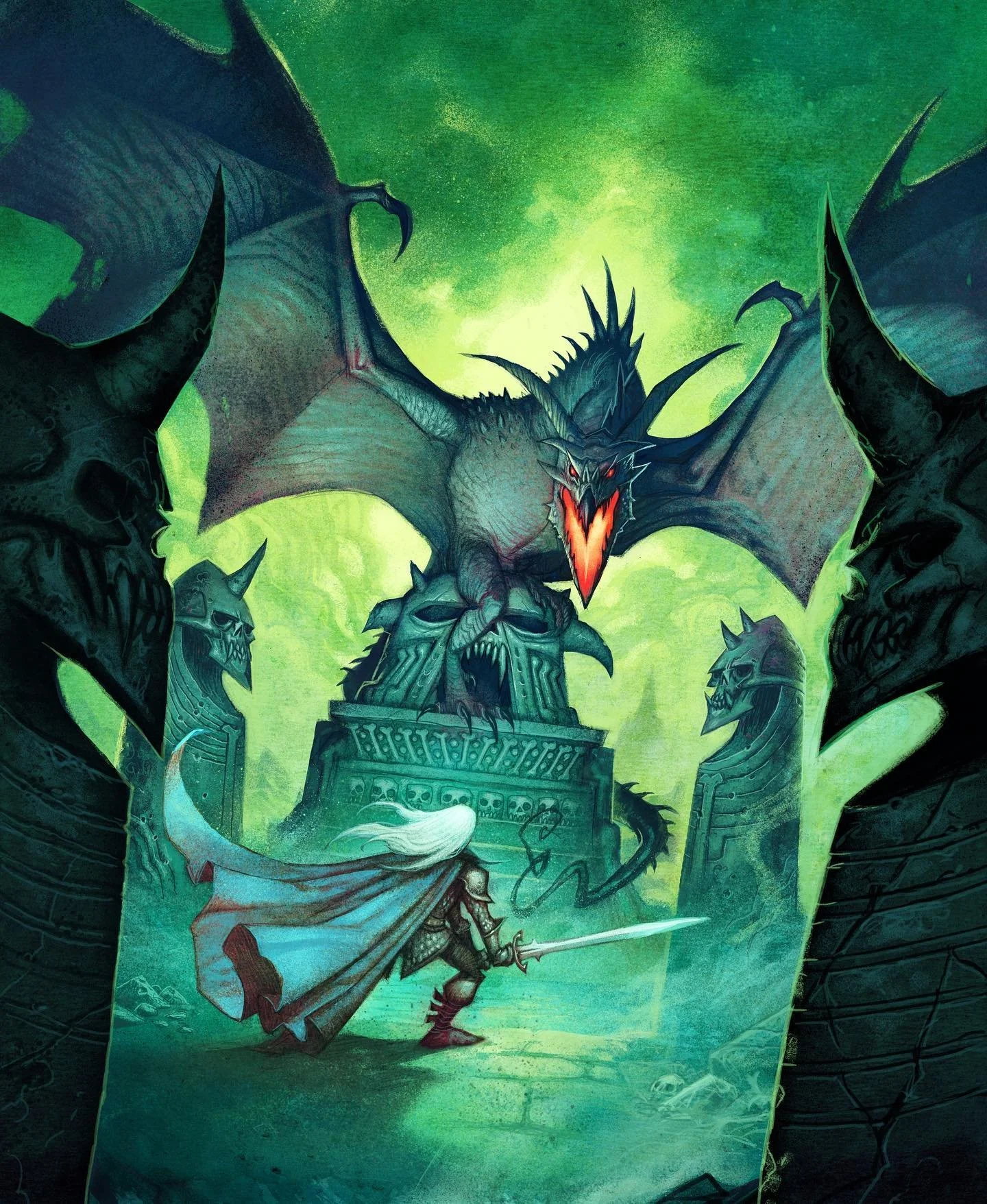 Dragonbane cover art by Johan Egerkrans depicts menacing dragon looming over solitary caped warrior in a necropolis full of skulls and spikes and ominous green mist