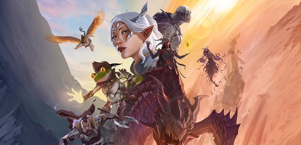 Daggerheart core rules cover by Mat Wilma depicts fantasy heroes in the style of a film poster: a white haired elf in profile, surrounded by a magic-using frog person, a fur-clad human warrior, a winged knight, a masked cultist & a menacing dragon