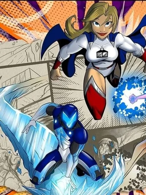 Sentinel Comics: The Roleplaying Game cover art by Adam Rebottaro, depicting a femme hero in white with blue cape and red boots flying above an ice wielding masc hero in blue, black, and white high-tech armor suit with full face cover helmet/mask