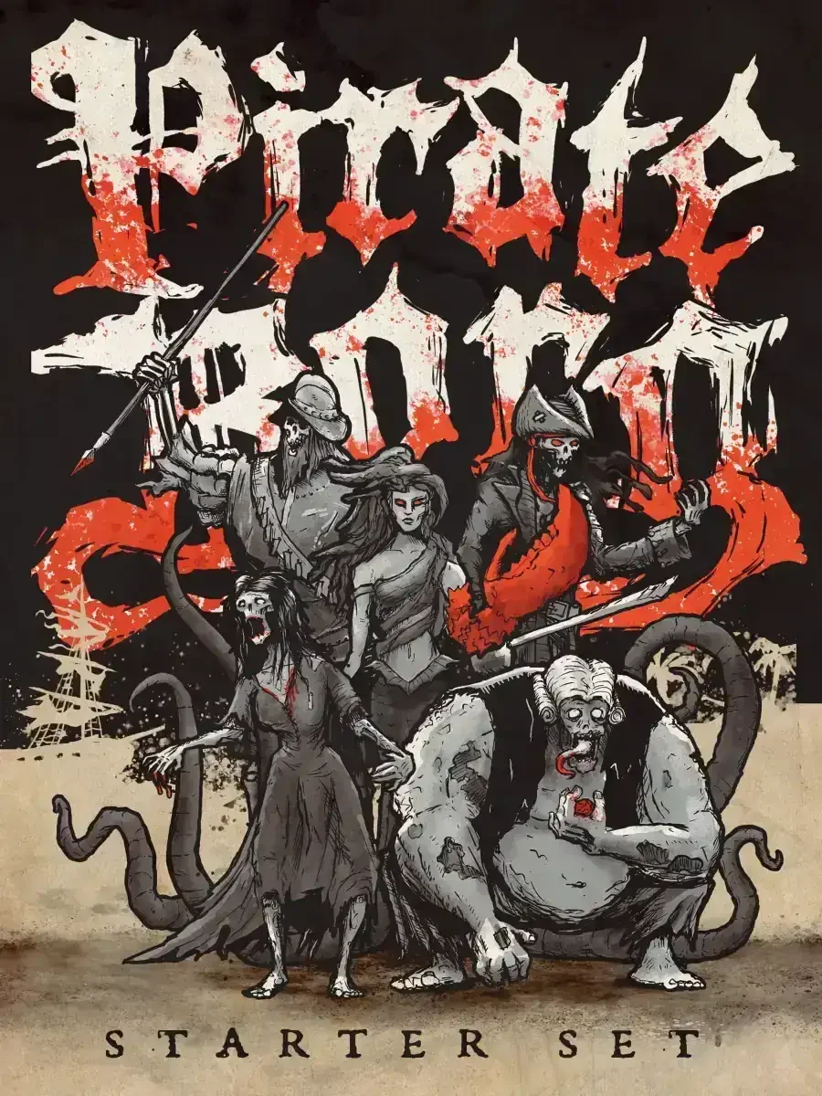 Pirate Borg Starter Set cover art by Luke Stratton depicts a collection of horrific monsters including an undead pirate, a skeletal conquistador, and a mermaid with red eyes and a huge red crab claw in place of her left arm