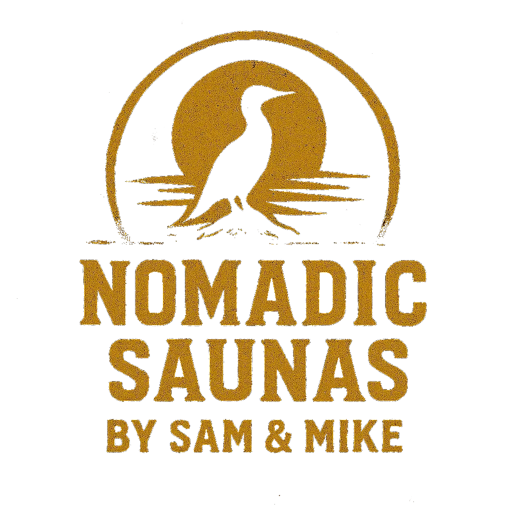 Gold logo with a stylized goose inside a circle, with water lines beneath it, and text that reads "Nomadic Saunas by Sam & Mike"