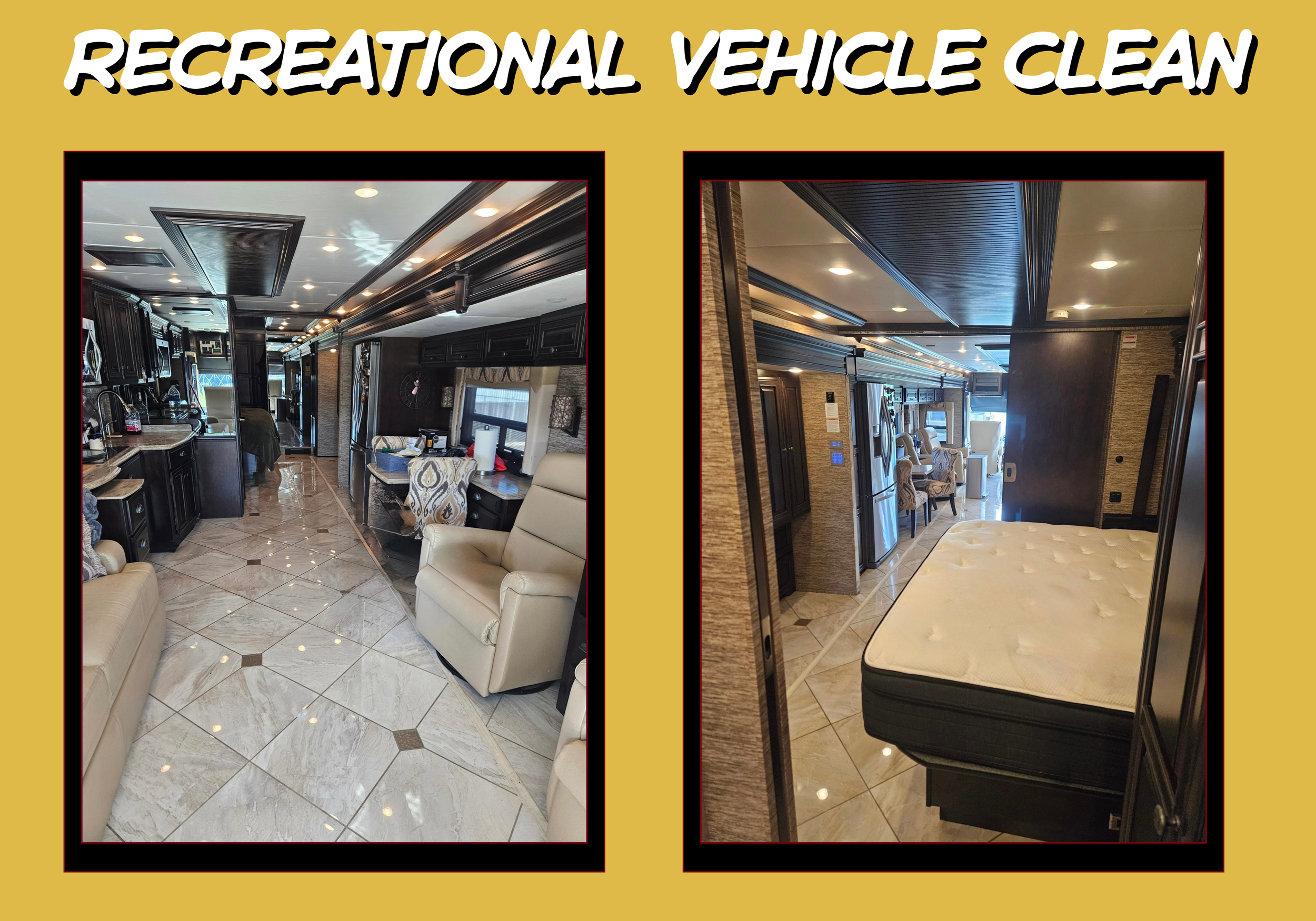 Side-by-side images of an RV interior showing a clean, well-maintained living area with furniture, kitchen, and bedroom. The title at the top reads 'Recreational Vehicle Clean' in bold white and black font over a yellow background.