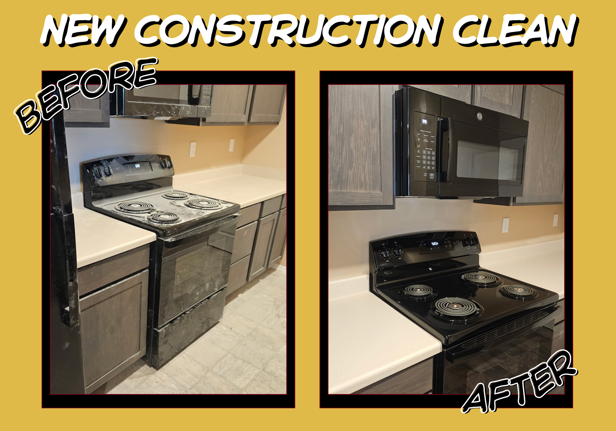 A new construction cleaning Comparison of a kitchen stove area showing an old stove in the 'before' image and a new, black microwave and stove in the 'after' image, with updated cabinets and countertops.